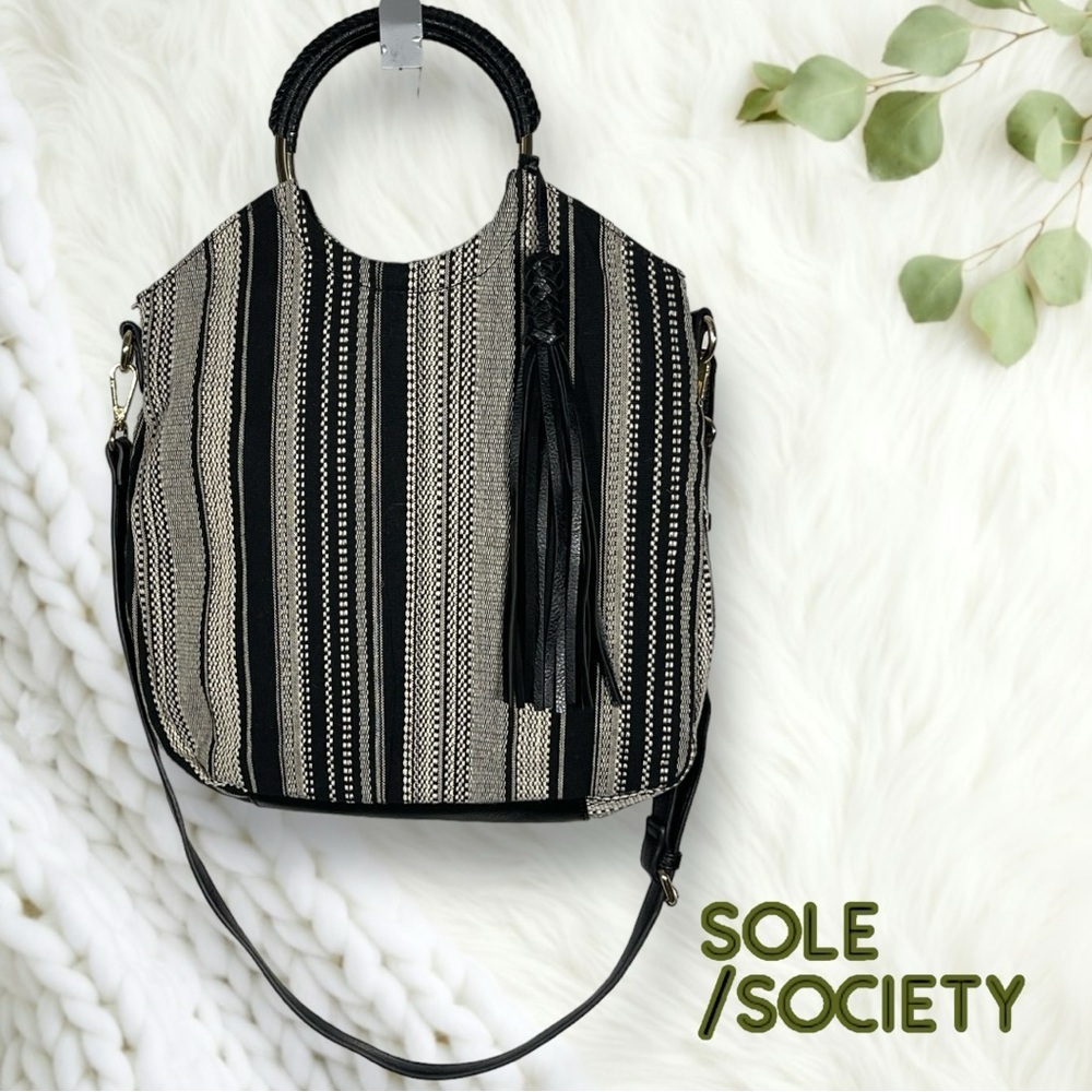 Sole Society Black and Cream Striped Straw-Style Satchel with Tassel